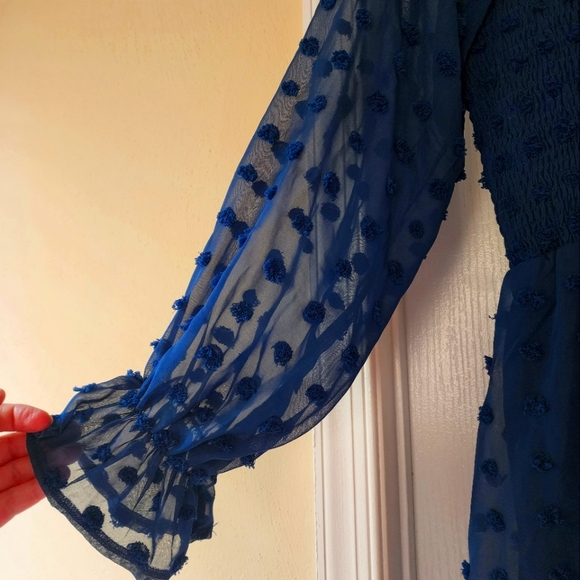 Long Sleeve V Neck Smocked Short Swiss Dot Ruffle Dress - Picture 5 of 9